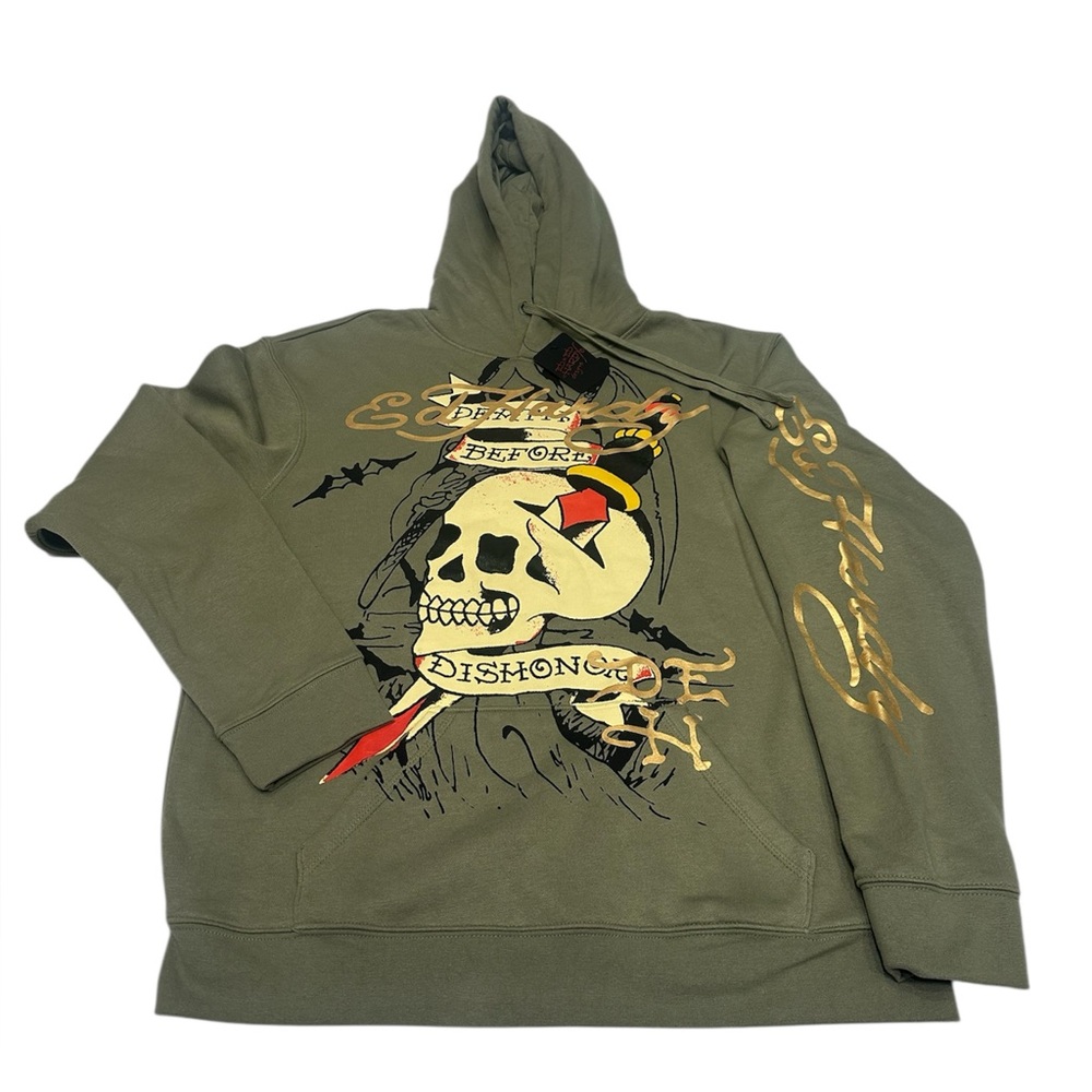 Ed Hardy Men’s Fleece‎ Hoodie Green Skull Death Before Dishonor Size L NWT